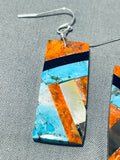 Native American Dazzling Santo Domingo Inlay Turquoise Coral Jet Geometric Earrings-Nativo Arts