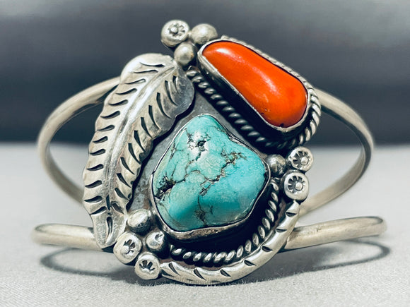 Beautiful Vintage Native American Navajo Turquoise Coral Sterling Silver Leaf Bracelet-Nativo Arts