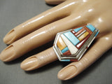 Native American Important Inlay Master Navajo Turquoise Coral Sterling Silver Inlay Ring-Nativo Arts