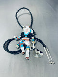 Six Inch Tall Native American Zuni Turquoise Sterling Silver Bolo Tie Statue With Stand-Nativo Arts
