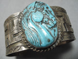 Native American One Of The Most Detailed Vintage Sterling Silver Carved Turquoise Horse Bracelet-Nativo Arts