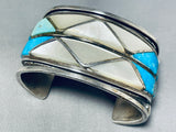 One Of The Best Vintage Native American Navajo Turquoise Pearl Sterling Silver Inlay Bracelet-Nativo Arts