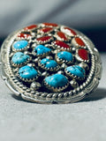 One Of A Kind Native American Navajo Cerrillos Turquoise Coral Sterling Silver Colossal Ring-Nativo Arts
