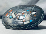 Intricate Heavy Patina Vintage Native American Navajo Turquoise Kachina Sterling Silver Buckle-Nativo Arts