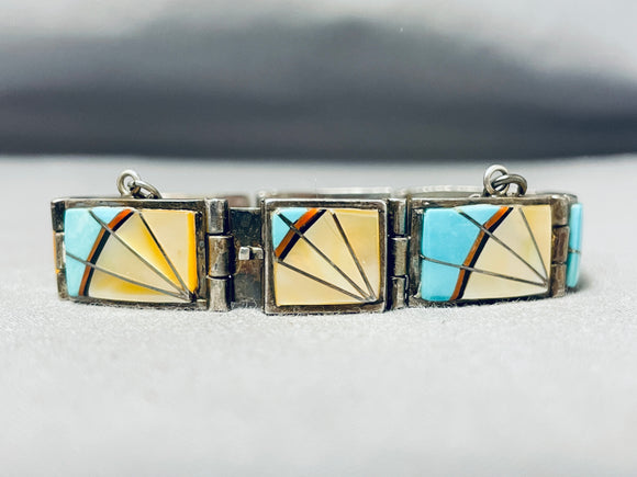 One Of Most Intricate Vintage Native American Navajo Turquoise Inlay Sterling Silver Bracelet-Nativo Arts