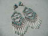 Huge Detailed Fabulous Native American Zuni Needle Turquoise Sterling Silver Earrings-Nativo Arts