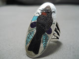 Important Native American Zuni Harlan Coonsis Bird Turquoise Sterling Silver Ring-Nativo Arts