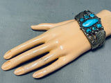 Thick Ornate Vintage Native American Navajo Morenci Turquoise Sterling Silver Bracelet-Nativo Arts