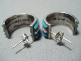 Signed Vintage Native American Zuni Turquoise Pearl Sterling Silver Earrings-Nativo Arts