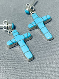Impressive Vintage Native American Navajo Turquoise Sterling Silver Cross Earrings-Nativo Arts