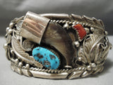 Huge Vintage Native American Navajo Turquoise Coral Sterling Silver Leaf Bracelet-Nativo Arts