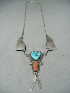 Marie Thompson Rare Vintage Native American Navajo Turquoise Coral Sterling Silver Necklace-Nativo Arts
