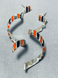 Native American Unique Shawn Sheyka Zuni Coral Jet Sterling Silver Earrings-Nativo Arts