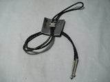 Impressive Vintage Native American Navajo Pilot Mountain Turquoise Sterling Silver Bolo Tie Old-Nativo Arts