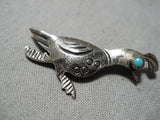 Whimsical Vintage Native American Navajo Turquoise Sterling Silver Roadrunner Pin Old-Nativo Arts