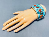 Native American Heavy 130 Gram Navajo Turquoise Coral Sterling Silver Wide Bracelet Cuff-Nativo Arts