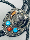 Strong Vintage Native American Navajo Turquoise Bison Sterling Silver Bolo Tie-Nativo Arts