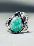 Amazing Earlier Hand Carved Vintage Native American Navajo Green Turquoise Sterling Silver Ring-Nativo Arts