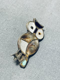 Incredible Vintage Native American Zuni Turquoise Jet Sterling Silver Owl Pin-Nativo Arts