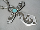 Huge Vintage Native American Navajo Christian Cross Turquoise Sterling Silver Necklace Old-Nativo Arts
