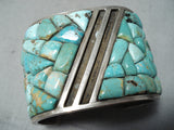 One Of The Biggest Best Vintage Native American Navajo Turquoise Inlay Sterling Silver Bracelet-Nativo Arts