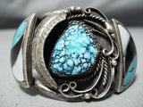 Rare Side Inlay Vintage Native American Navajo Seafoam Turquoise Sterling Silver Bracelet Old-Nativo Arts