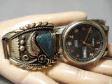Native American Important Lander Blue Turquoise Gold Sterling Silver Watch Bracelet-Nativo Arts