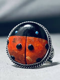 Native American Important Ben Begaye (d.) Coral Ladybug Sterling Silver Ring-Nativo Arts