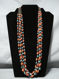 Native American Tremendous Santo Domingo 5 Strand Turquoise Coral Sterling Silver Necklace-Nativo Arts