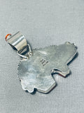 Brilliant Native American Navajo Signed Coral Jet Turquoise Inlay Sterling Silver Bear Pendant-Nativo Arts