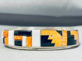 Mesmerizing Signed Native American Navajo Inlay Orange Spiny Black Onyx Sterling Silver Bracelet-Nativo Arts