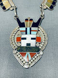 Native American One Of The Most Unique Kachina Inlay Coral Sterling Silver Necklace-Nativo Arts