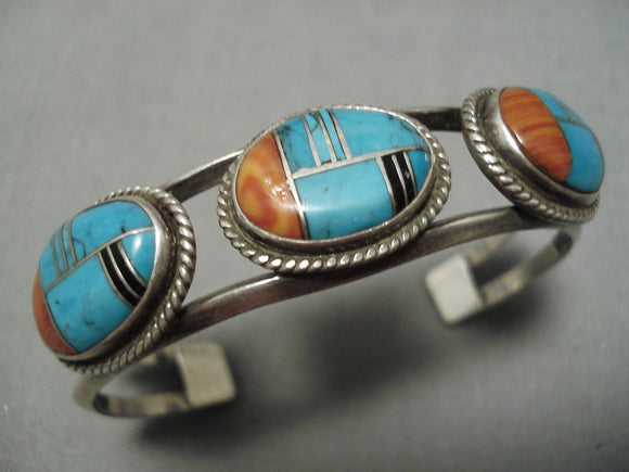 Incredible Vintage Native American Navajo Blue Diamond Turquoise Inlay Sterling Silver Bracelet-Nativo Arts