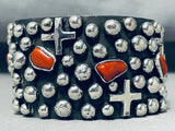 One Of The Best Ever Native American Navajo Coral Cross Sterling Silver Bracelet-Nativo Arts