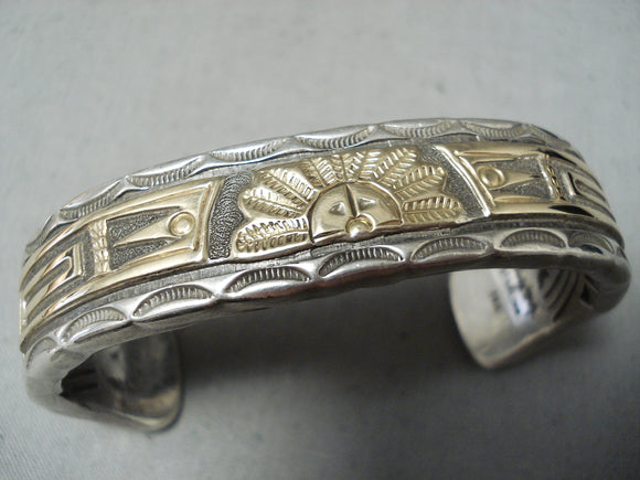 Fabulous Vintage Native American Navajo Sterling Silver And 14k Gold Bracelet-Nativo Arts