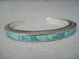 Thick Sturdy Vintage Native American Navajo Turquoise Inlay Sterling Silver Bracelet Old-Nativo Arts