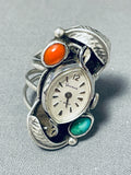 Native American Extremely Rare Watch Turquoise Coral Sterling Silver Ring-Nativo Arts