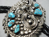 Astounding Vintage Native American Navajo Detailed Sterling Silver Leaf Turquoise Bolo Tie-Nativo Arts