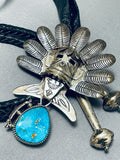 One Of Most Detailed Vintage Native American Navajo Kachina Turquoise Sterling Silver Bolo Tie-Nativo Arts