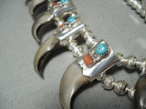 Authentic Native American Navajo Turquoise Coral Sterling Silver Squash Blossom Necklace-Nativo Arts