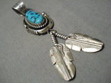 Detailed Vintage Native American Navajo Sterling Silver Feather Turquoise Pendant-Nativo Arts