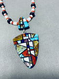 Native American Stunning Santo Domingo Inlay Turquoise Coral Jet Shell Sterling Silver Necklace-Nativo Arts