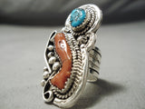 Exquisite Native American Navajo Old Kingman Turquoise & Coral Sterling Silver Ring-Nativo Arts