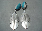 Feather Master Native American Navajo Old Kingman Turquoise Sterling Silver Feather Earrings-Nativo Arts