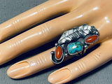 Marvelous Vintage Native American Navajo Coral & Royston Turquoise Sterling Silver Ring-Nativo Arts