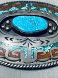 Superb Vintage Native American Navajo Spiderweb Turquoise Chip Inlay Sterling Silver Buckle-Nativo Arts
