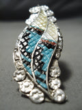 Huge Hand Carved Zuni Native American Turquoise Coral Sterling Silver Ring-Nativo Arts