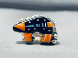 Fascinating Native American Navajo Signed Inlay Jet Coral Turquoise Bear Sterling Silver Ring-Nativo Arts