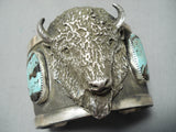 Heavy Detailed Native American Buffalo Turquoise Sterling Silver Bracelet-Nativo Arts