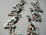 Native American Opulent Vintage Navajo Turquoise Inlay Sterling Silver Squash Blossom Necklace-Nativo Arts